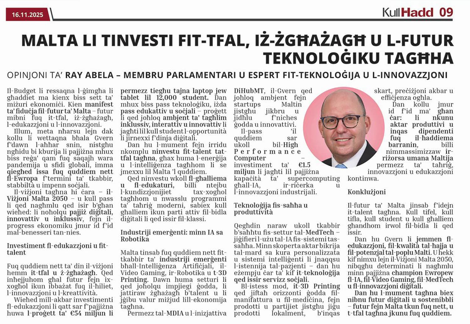 Ray Abela — article excerpt, Kullħadd, November 16, 2025